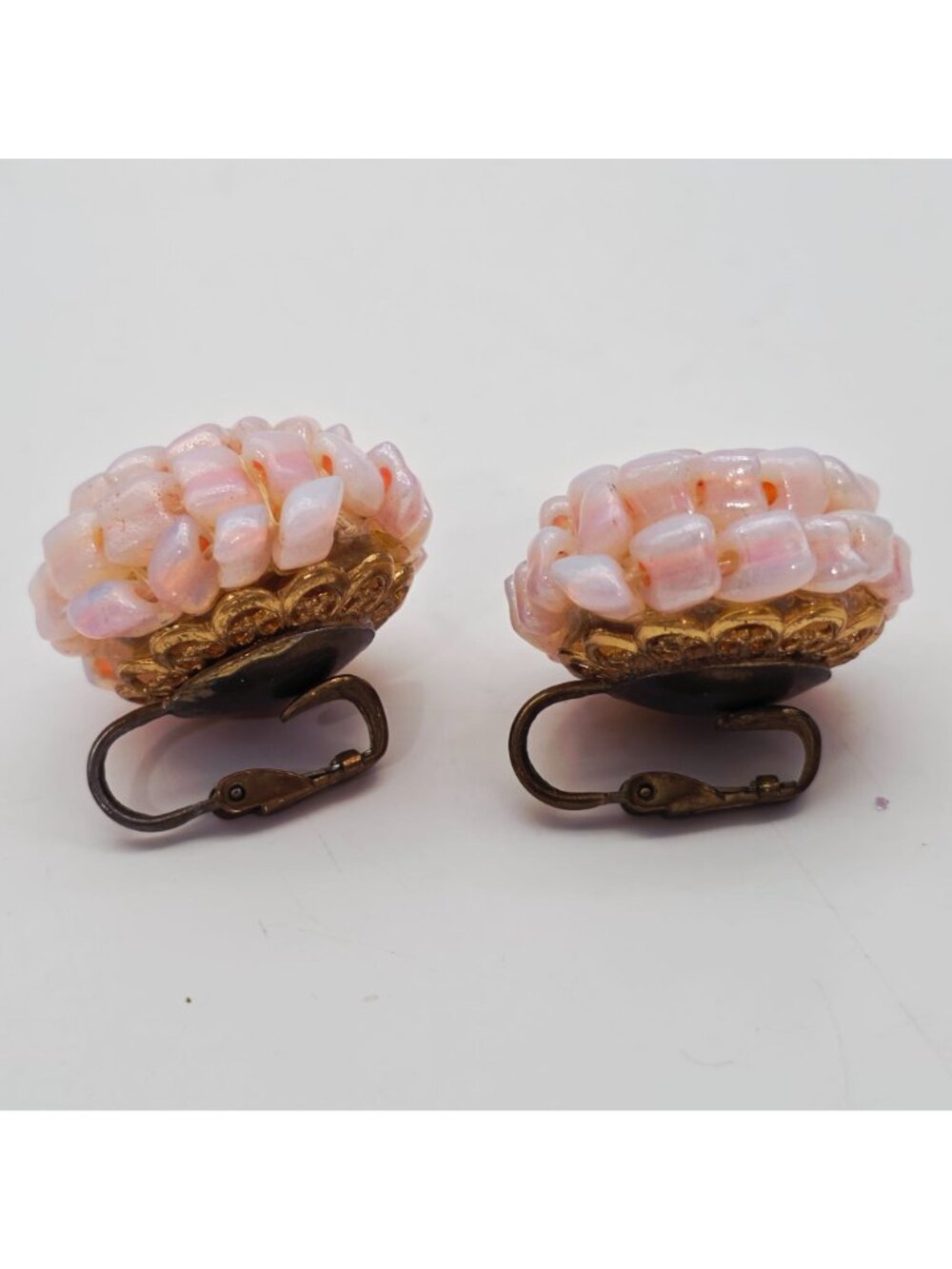 Vintage Pink Glass Bead Clip-On Earrings With Gold-Tone Filigree Base 1" - Picture 3 of 8